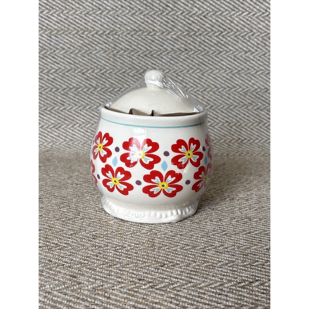 Pioneer Woman Stoneware Retro Flea Market Sugar Bowl & Lid Red Floral Canister - Picture 2 of 6